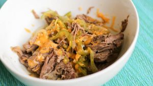 You will love this slow cooker (Crockpot) recipe for Cheese Steak and Peppers! I'm sure you can also use your Instant Pot, though I haven't tested it yet myself. Packed with protein and flavor but lower fat than traditional cheesesteak. Perfect for Gastric Sleeve or Bypass patients! #wlsrecipes #wlsinstantpot #wlscrockpot #gastricsleeve #gastricbypass