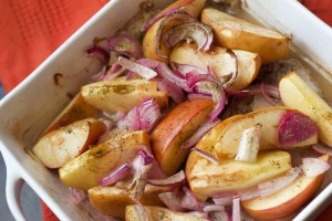Baked Pork with Apples. Pork, red onion and apples. So much flavor!