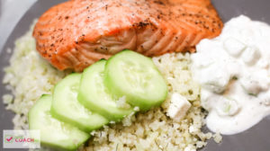Cauliflower Rice Salmon Bowl with Feta Yogurt Dip | FoodCoach.Me | WLS Recipes