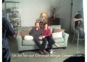 Steph Wagner Bariatric Dietitian sitting with husband Kevin Wagner web developer for foodcoachme on set christian mingle commercial