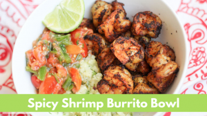 Spicy Shrimp Burrito Bowl with riced cauliflower, shrimp and salsa