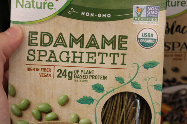 Edamame Spaghetti is pasta made with edamame flour for high protein alternative to spaghetti for bariatric surgery meal ideas from Aldi