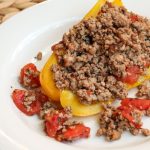 stuffed yellow pepper skillet with canned tomatoes ground turkey italian seasoning and yellow peppers baked on the stove and oven