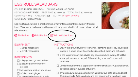 screenshot adding recipes to collections foodcoachme bariatric surgery recipes