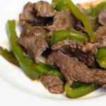 Barbecue Beef Fajitas lean siloin steak strips on a plate with green bell peppers bariatric friendly recipe