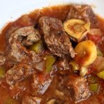 Harvest Beef Stew for Slow Cooker or Instant Pot with stew meat, mushrooms, peppers, tomatoes on Bariatric Food Coach