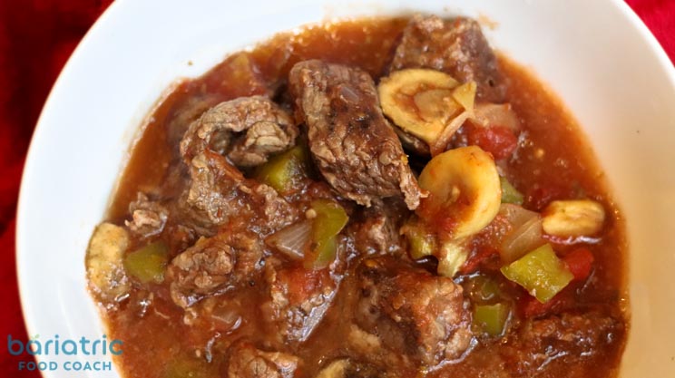 Harvest Beef Stew for Slow Cooker or Instant Pot with stew meat, mushrooms, peppers, tomatoes on Bariatric Food Coach