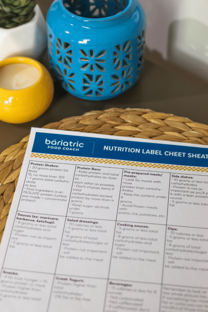 Printed PDF of Bariatric Nutrition Label Cheat Sheet on a table 