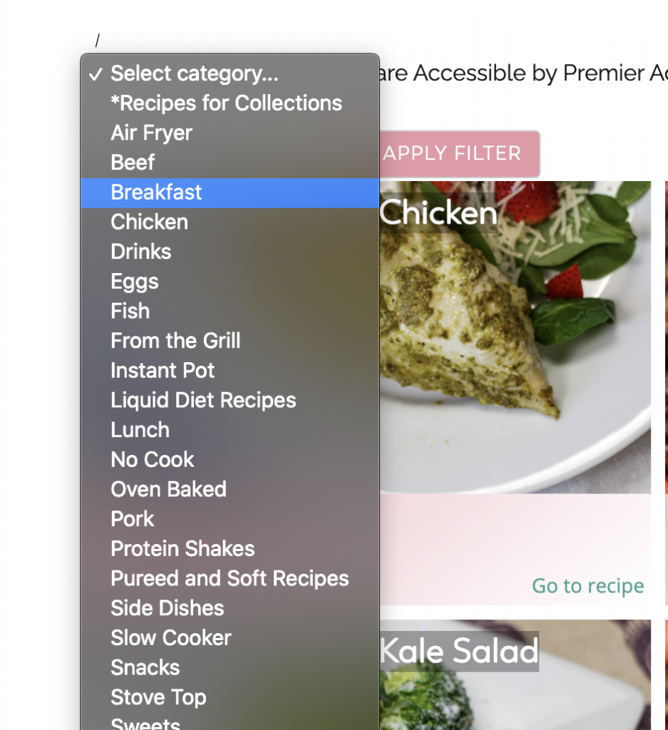 recipe grid sorting feature on bariatric food coach