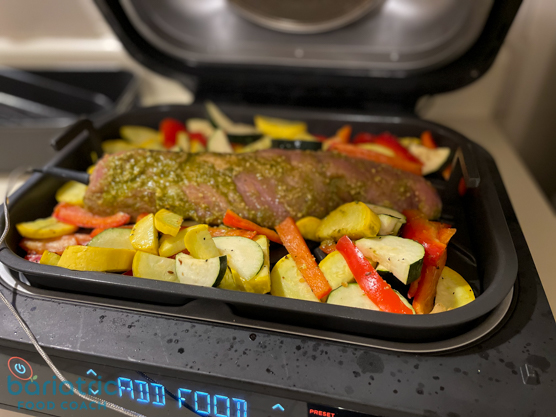 grilled pork tenderloin and vegetables on a Ninja Foodi Smart XL grill