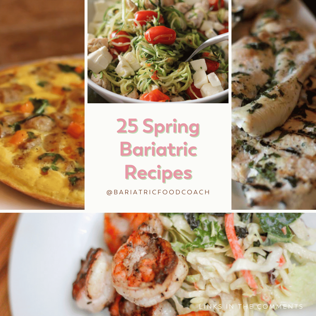 25 Spring Bariatric Recipes on Bariatric Food Coach photo of fritatta, caprese salad, basil chicken and shrimp